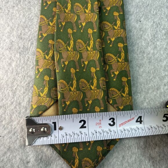 Vintage Vitaliano Pancaldi Tie Green Gold Yellow Men On Horseback Geometric - Picture 2 of 7